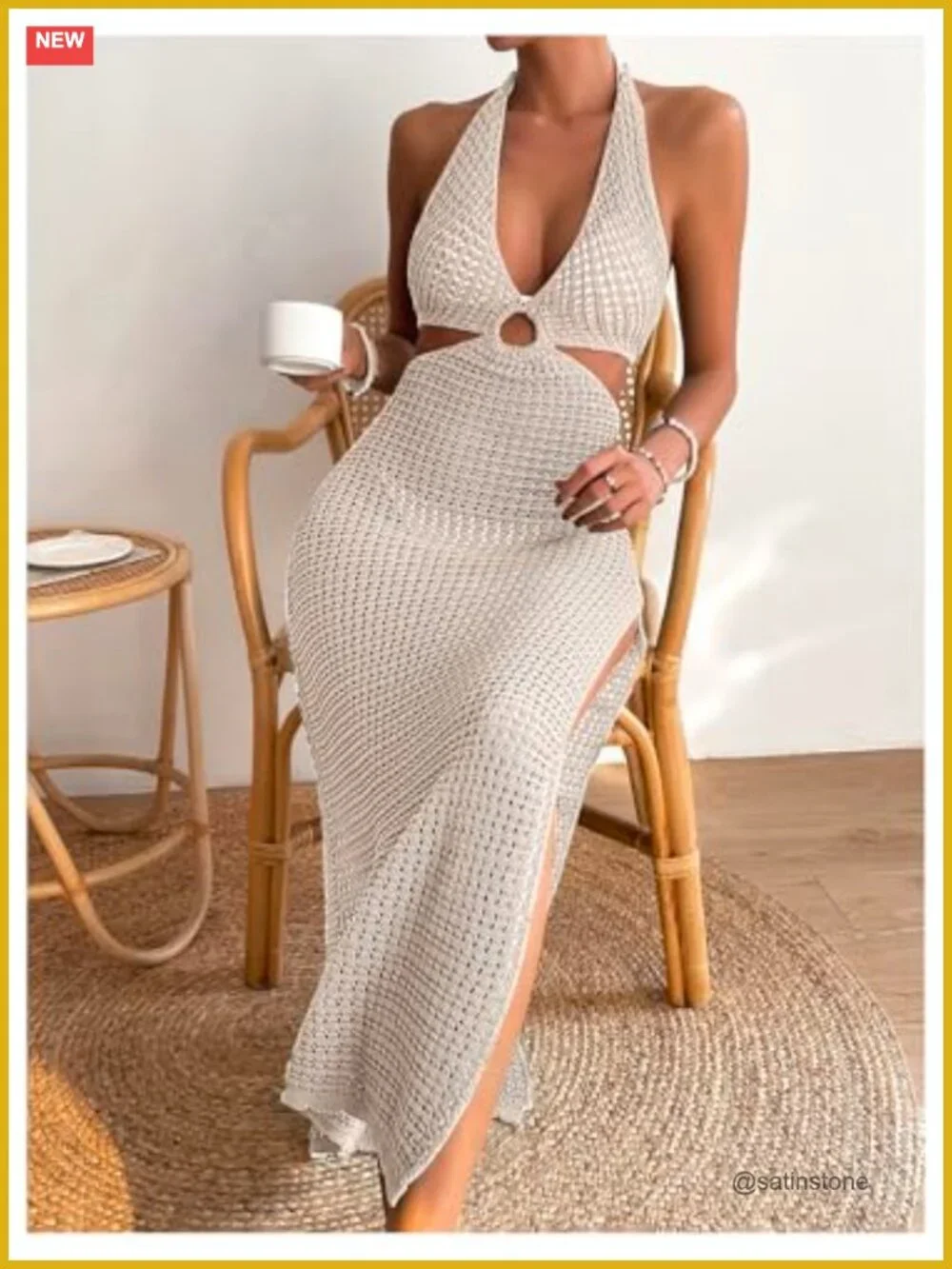 Crochet Maxi Dress Halter Backless Swim Cover Up Vacation Beach Bathing Suit